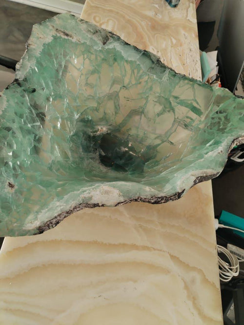 Fluorite Decorative Bowl 15 inches across One of a kind Art Collection Triple Polish and Hand Carved by our crew. Very Elegant.
