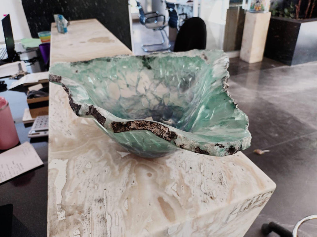 Fluorite Decorative Bowl 15 inches across One of a kind Art Collection Triple Polish and Hand Carved by our crew. Very Elegant.